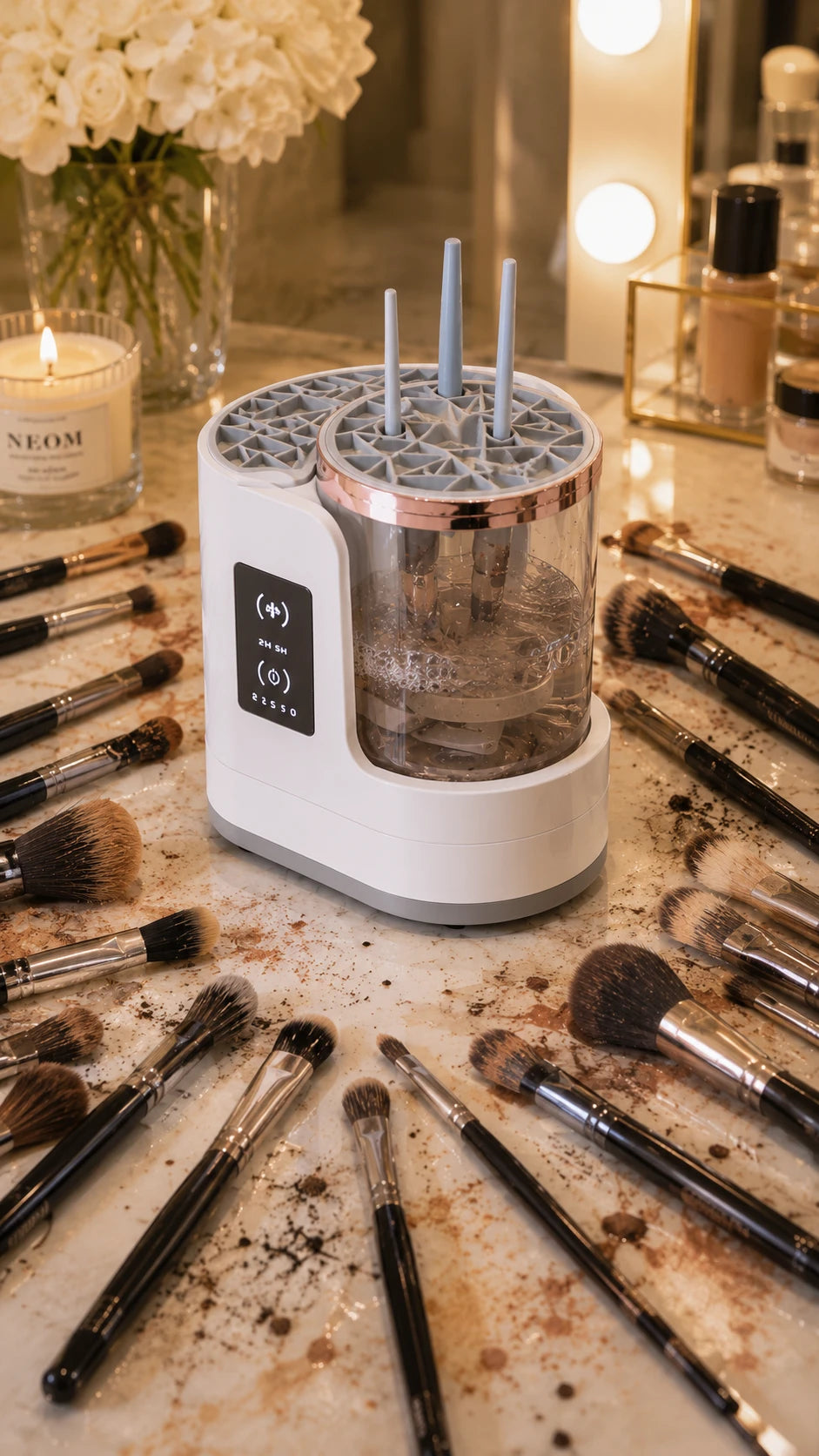 Velmora automatic makeup brush cleaner - close up with drying compartment and brushes
