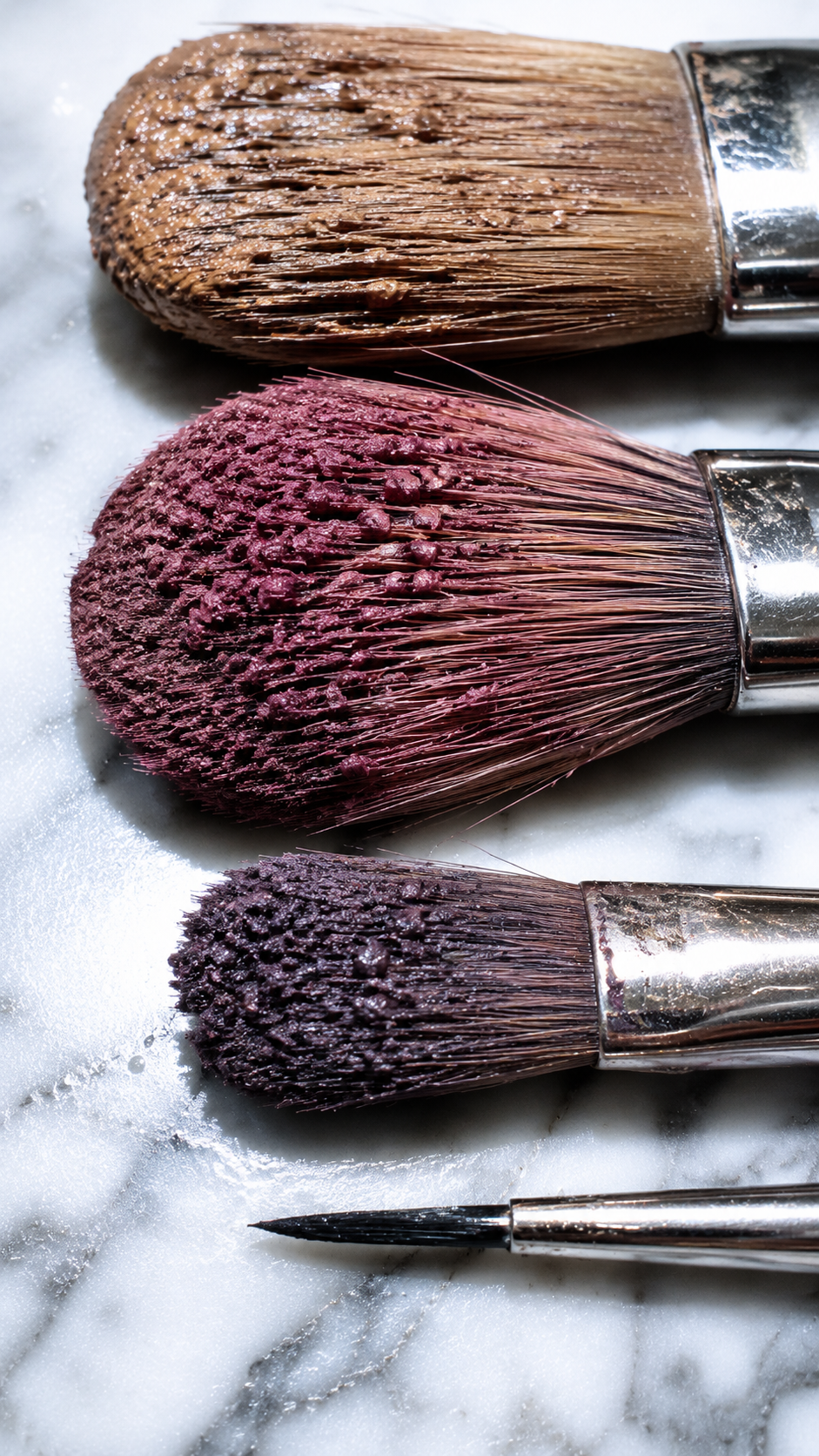 Four dirty makeup brushes close up